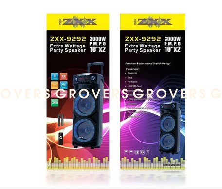 Акустична переносна колонка ZXX-9292 3000W 10" 72х43х34см TWS/FM/USB/TF/SD/BT/REC/EQ/LED/2MIC